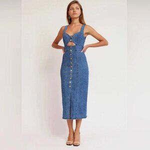 Finders Keepers Denim Button Down Sweetheart Neck Midi Dress US 4 $165
